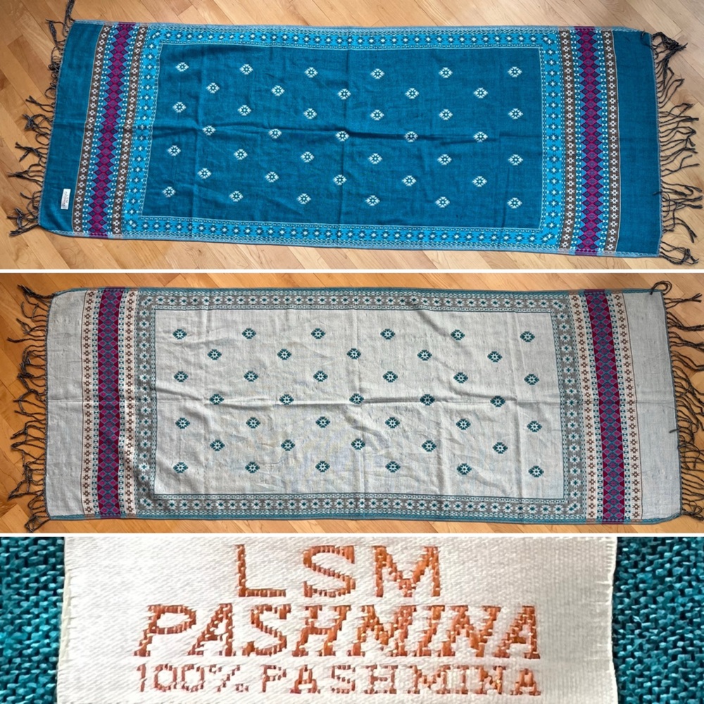 Reversible Aksi Pashmina Wrap/Shawl/Scarf Teal Blue / Vanilla White Geometric